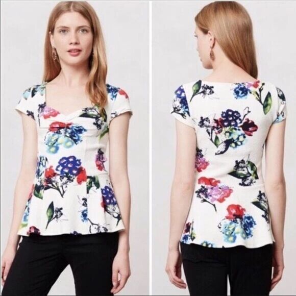 ANTHROPOLOGIE POSTMARK Floral Mignon Peplum Top White Women’s Size Large - Picture 1 of 7